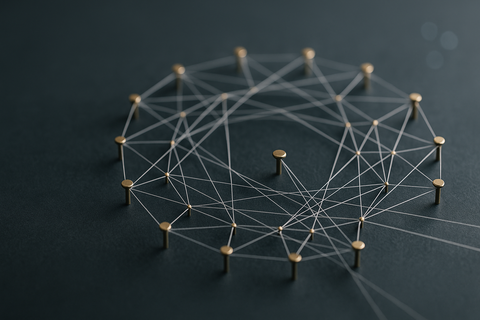 Radial network of threads anchored to brass pins forming chords and polygons on a dark slate background.