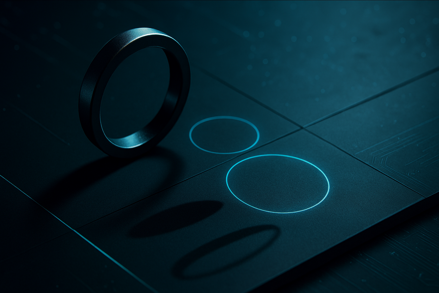 Floating metallic ring casting mismatched shadows on digital planes (perspective can mislead)
