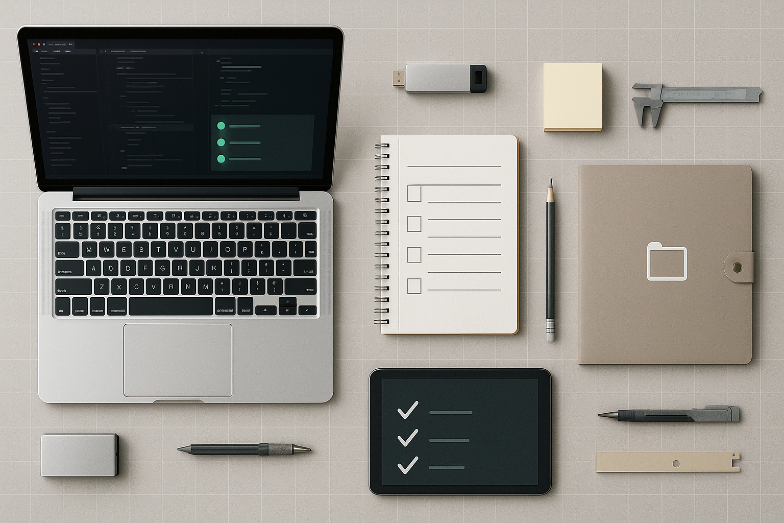 Organized workspace with laptop showing passing tests, checklist, and folders labeled for code, data, and benchmarks.