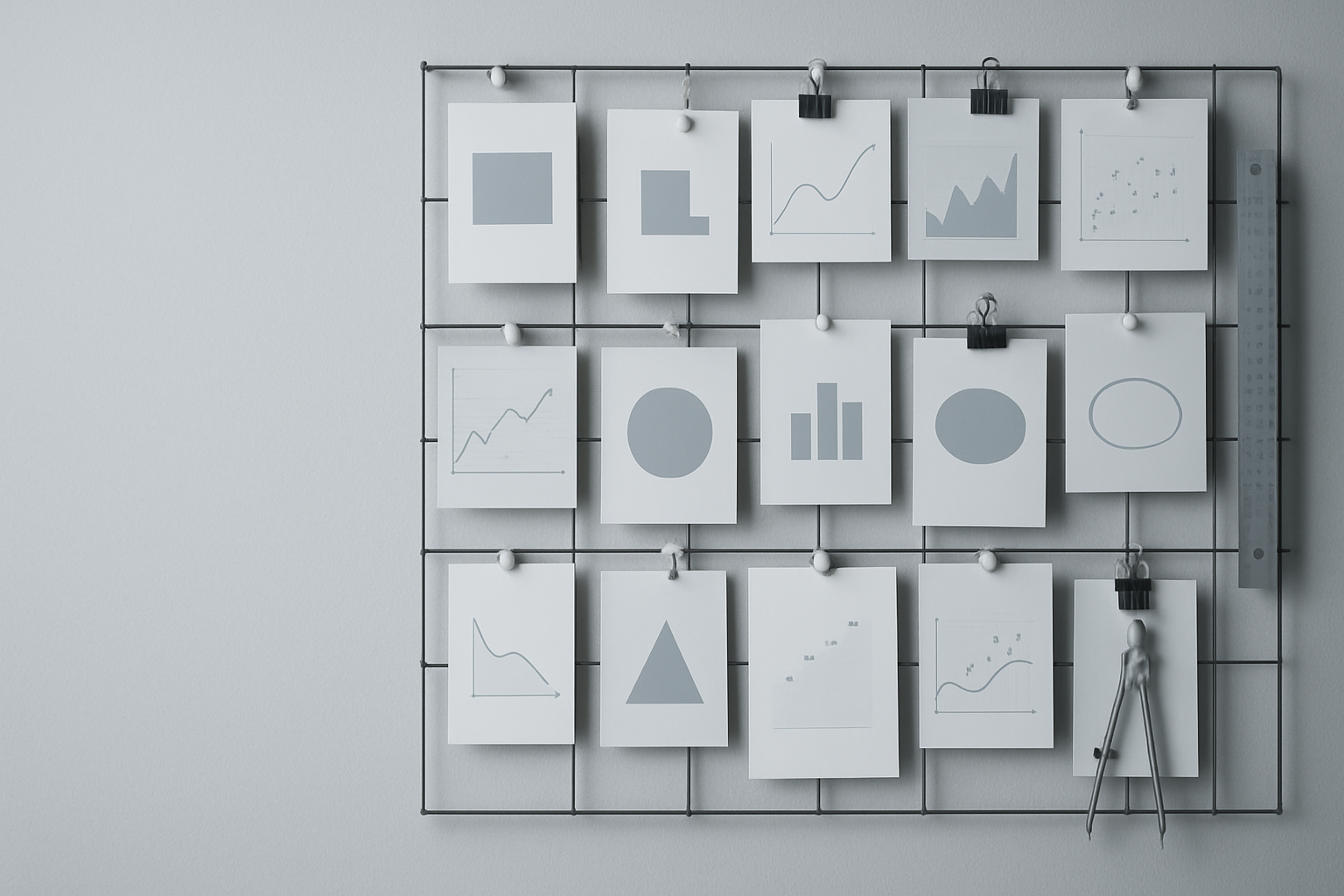 Grid display with pinned cards showing geometric charts; soft lighting, compasses and ruler on the right.