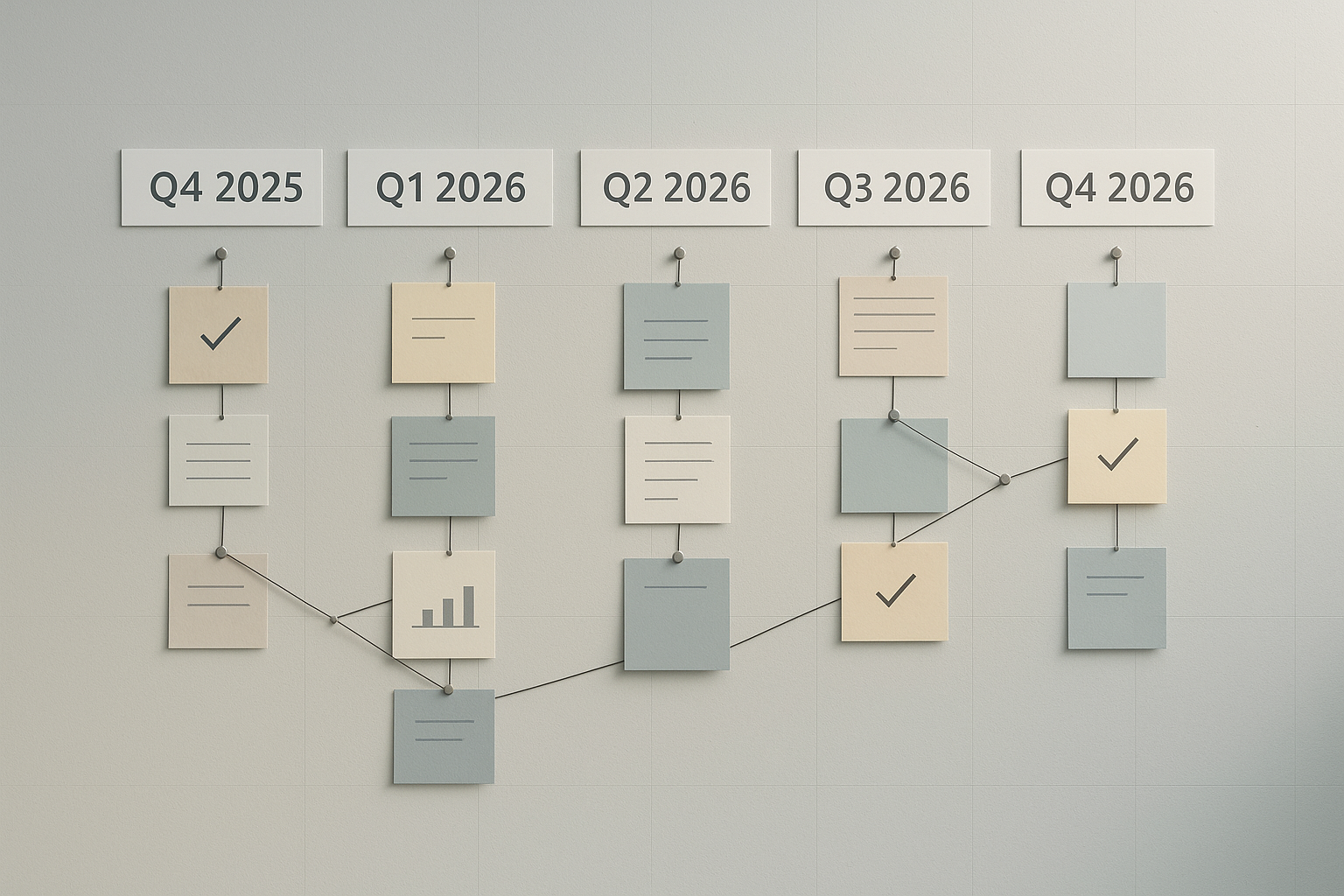 GRG — Roadmap illustration 1724 Wall-mounted Kanban board labeled Q4 2025 to Q4 2026 with color notes linked by strings.