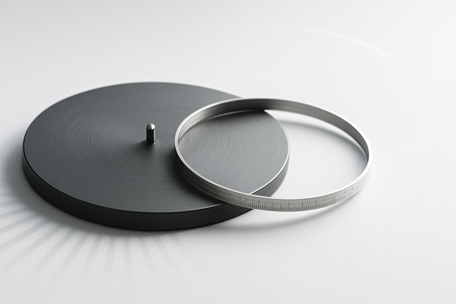 Photorealistic studio shot, wide horizontal: a dark matte turntable softly lit from the side, casting crisp radial shadows onto a neutral surface; a thin metal measuring ring with subtle ticks hints at “measuring shape”; long-exposure light sweep suggests rotation; moody, minimalist, no text or logos