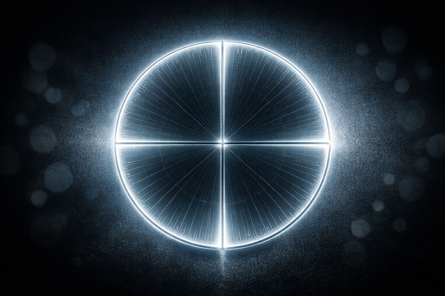 GRG — Constructive Figures illustration 2004 Luminous circle assembled from four mirrored quarters with faint dyadic spokes (top-down).