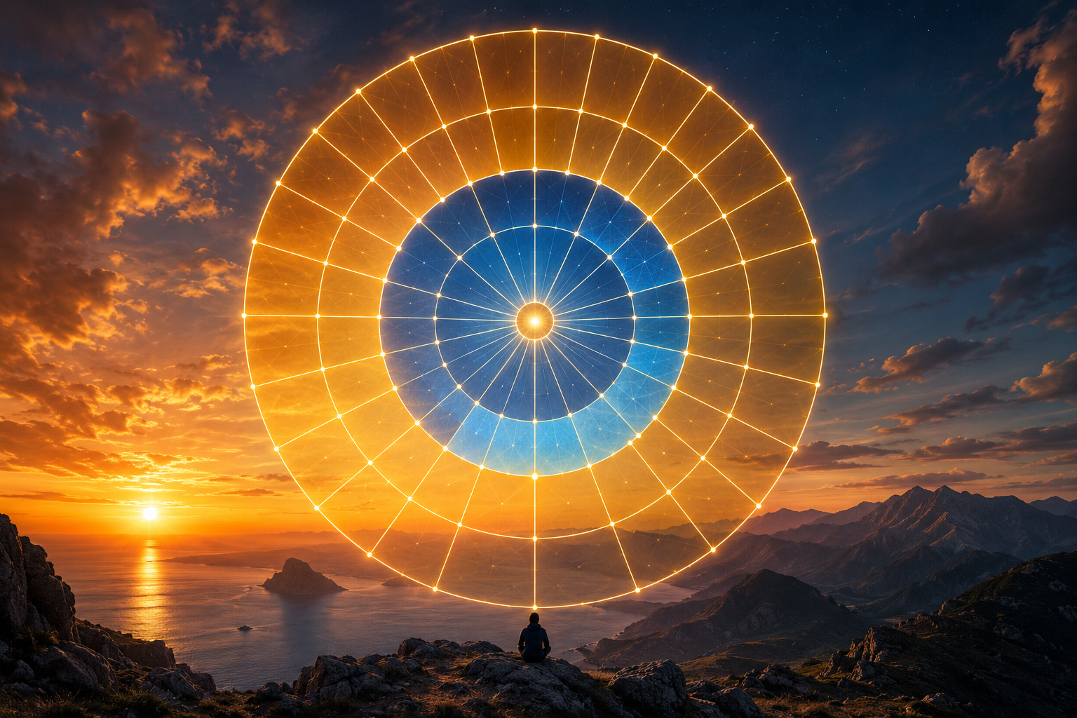 A luminous radial circle divided into binary sectors above a dramatic landscape, symbolizing the emergence of area through balanced internal and external geometric structures in Generative Radial Geometry.
