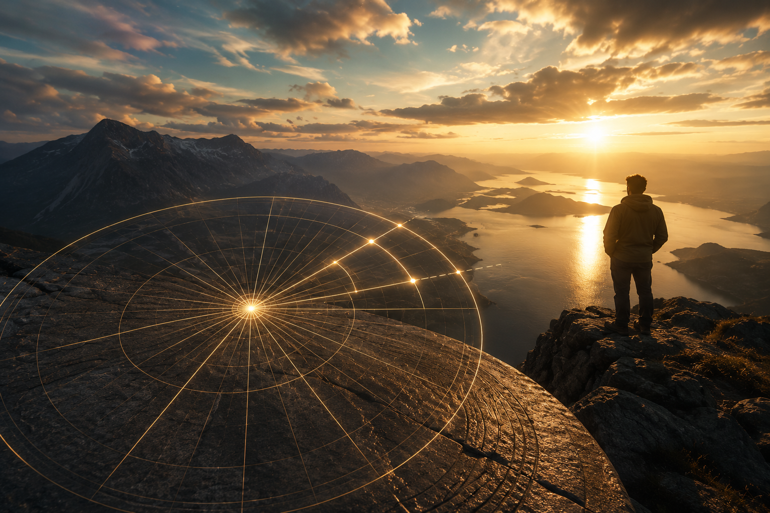 grgnew A luminous radial geometry diagram projected onto a mountain peak at sunset, with a solitary figure overlooking a vast coastal landscape.
