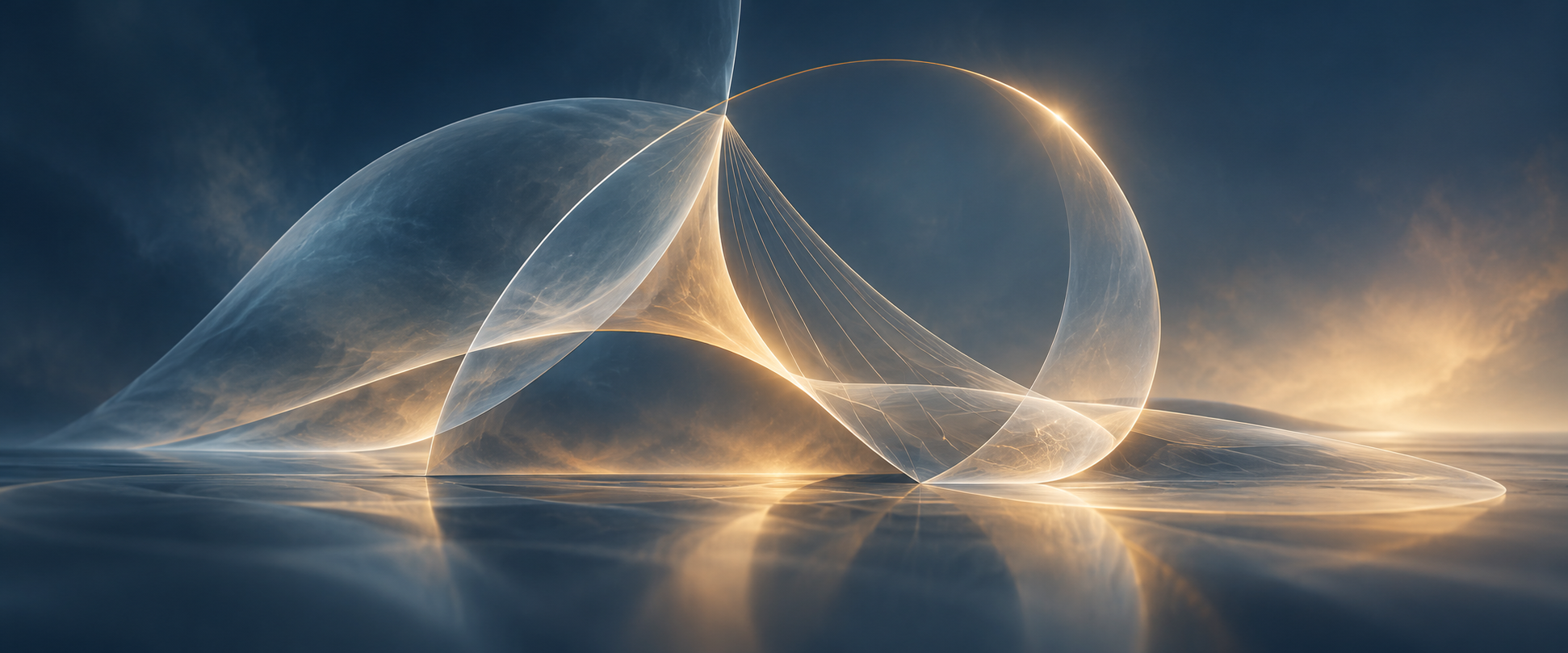Translucent geometric surfaces and radial lines meet through warm light against a deep blue background.